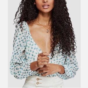 Free People NWOT Sweetie Pie Floral Sheer Mesh Crop Top - Floral Green/ Blue